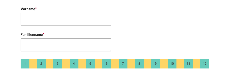 Webformular mit zwei Textfeldern untereinander für Vorname und Familienname sowie einer farbigen Skala von 1 bis 12 unten. Das Webformular erstreckt sich über 6 Spalten der Skala.