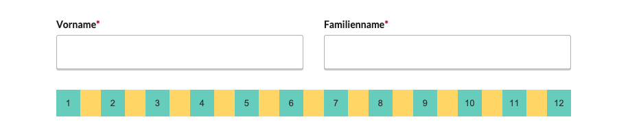 Webformular mit zwei Textfeldern nebeneinander für Vorname und Familienname sowie einer farbigen Skala von 1 bis 12 unten. Beide Textfelder nehmen 6 Spalten der Skala ein.