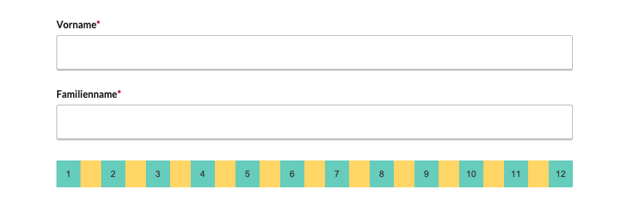 Webformular mit zwei Textfeldern untereinander für Vorname und Familienname sowie einer farbigen Skala von 1 bis 12 unten. Das Webformular erstreckt sich über die gesamte Skala.
