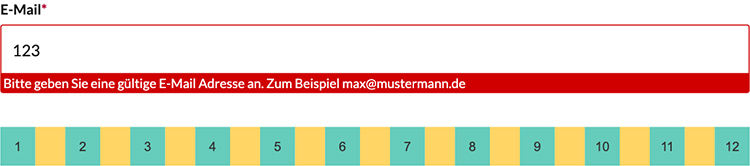 Formularfeld, in das eine E-Mail-Adresse im falschen Format eingegeben wurde und deshalb die Fehlermeldung "Bitte geben Sie eine gültige E-Mail-Adresse an. Zum Beispiel max@mustermann.de" ausgibt.